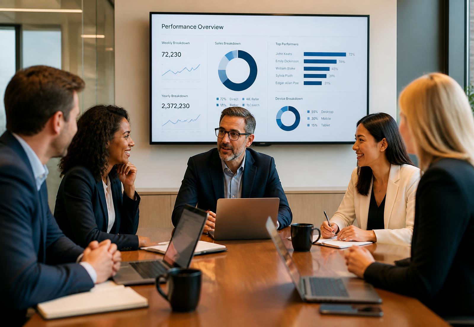 Executives and managers reviewing business performance with AI tools in a modern boardroom