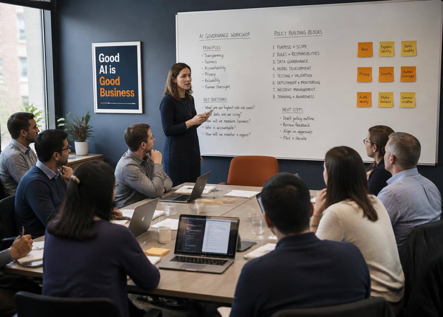 Consultant leading an AI adoption workshop with a client leadership team